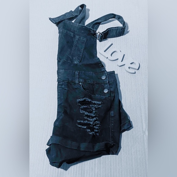 Blue Spice  BLACK Distressed Stretch Denim Bib Overall Cuffed Shorts - Picture 2 of 13